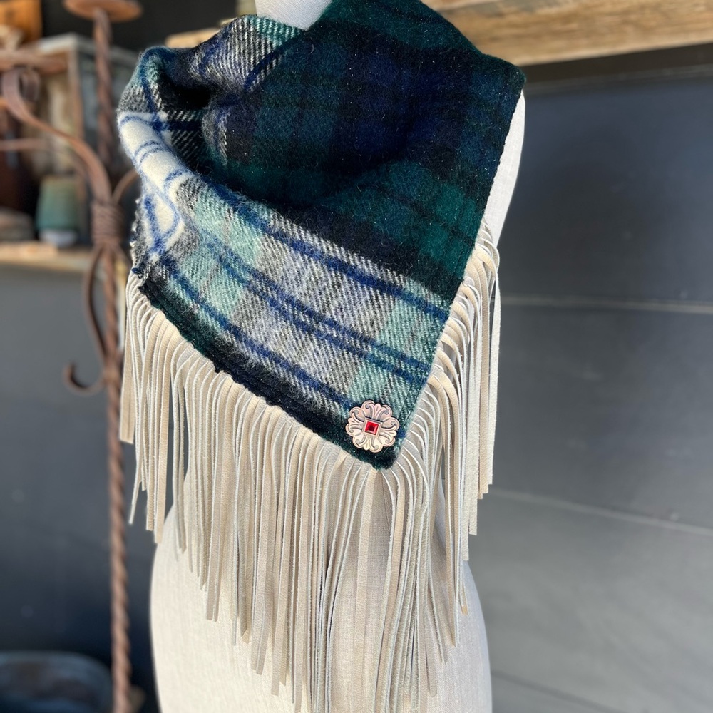Dirty Mojave Leather Handmade Vintage Made in England Fringe Scarf with Brooch